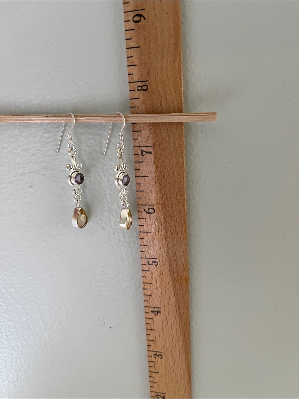 Sterling Silver Amethyst and Citrine Drop Earrings - Purple and Yellow - Picture 4 of 5